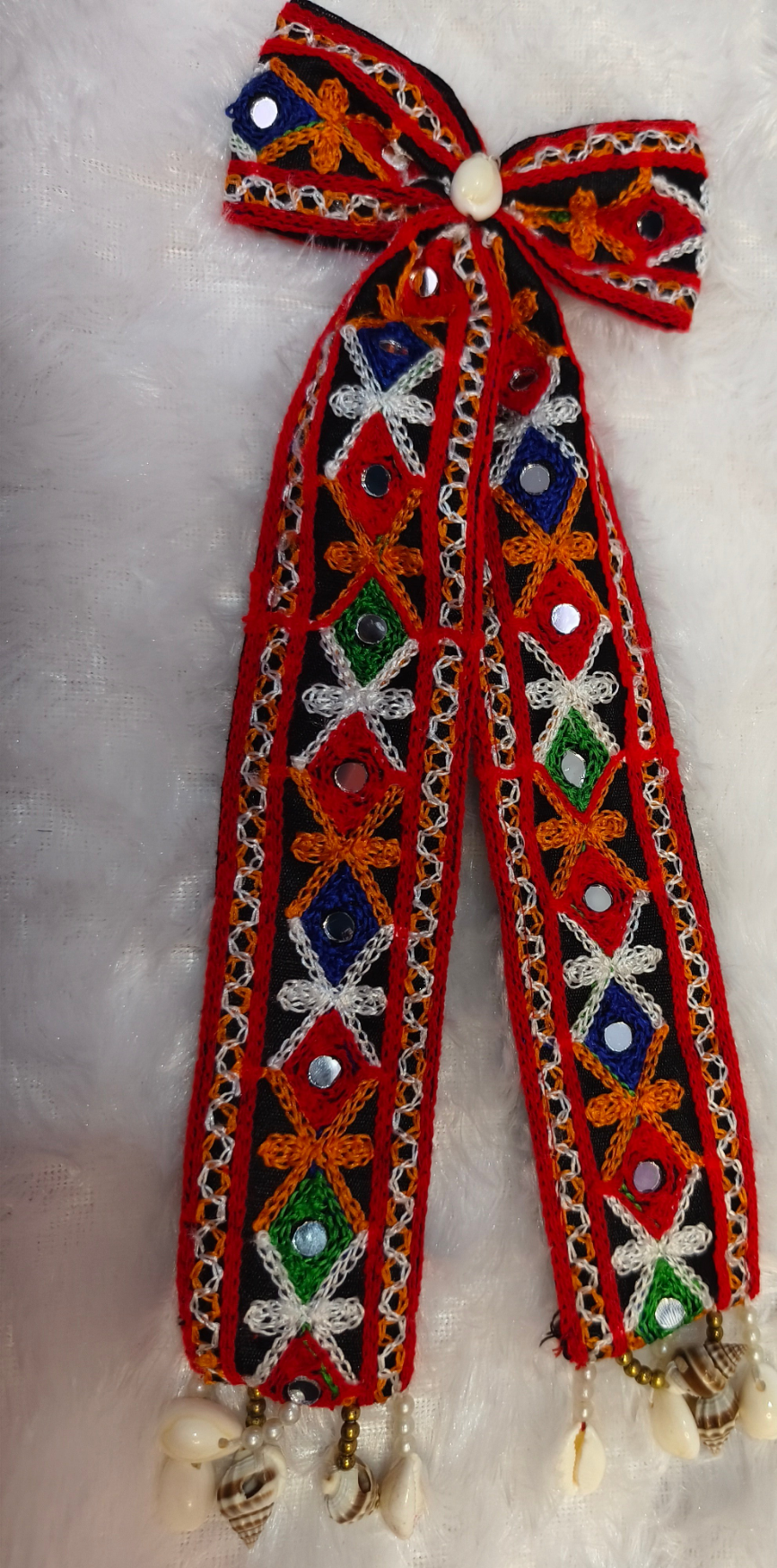 Handmade Ethnic Long Embroidered Bow with Cowrie Shells 🌺✨