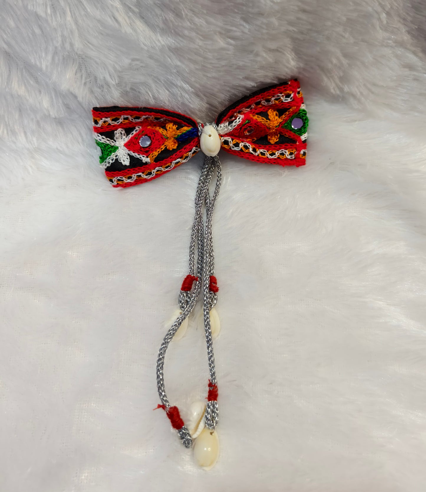 Handmade Embroidered Bow with Cowrie Shell Tassels 🌺✨