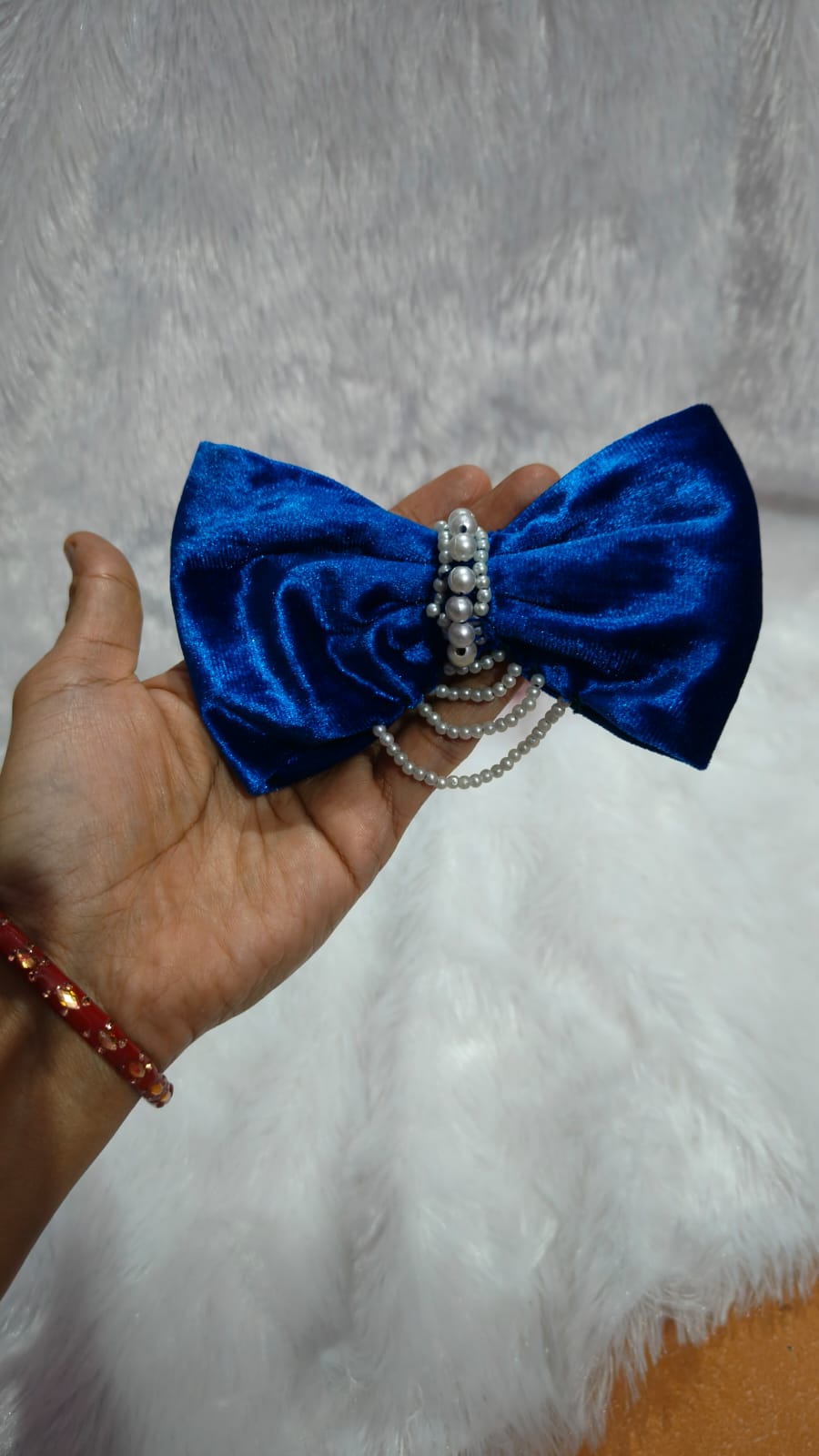 Royal Blue 💙💙 Satin Hair Bow with Pearl Chain