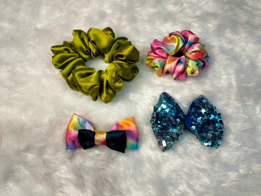 Combo set of 4🎀✨ 1 Large size scrunchie,1 medium size sequence hair bow,1 medium size rainbow 🌈 scrunchie and double layer hair bow medium size
