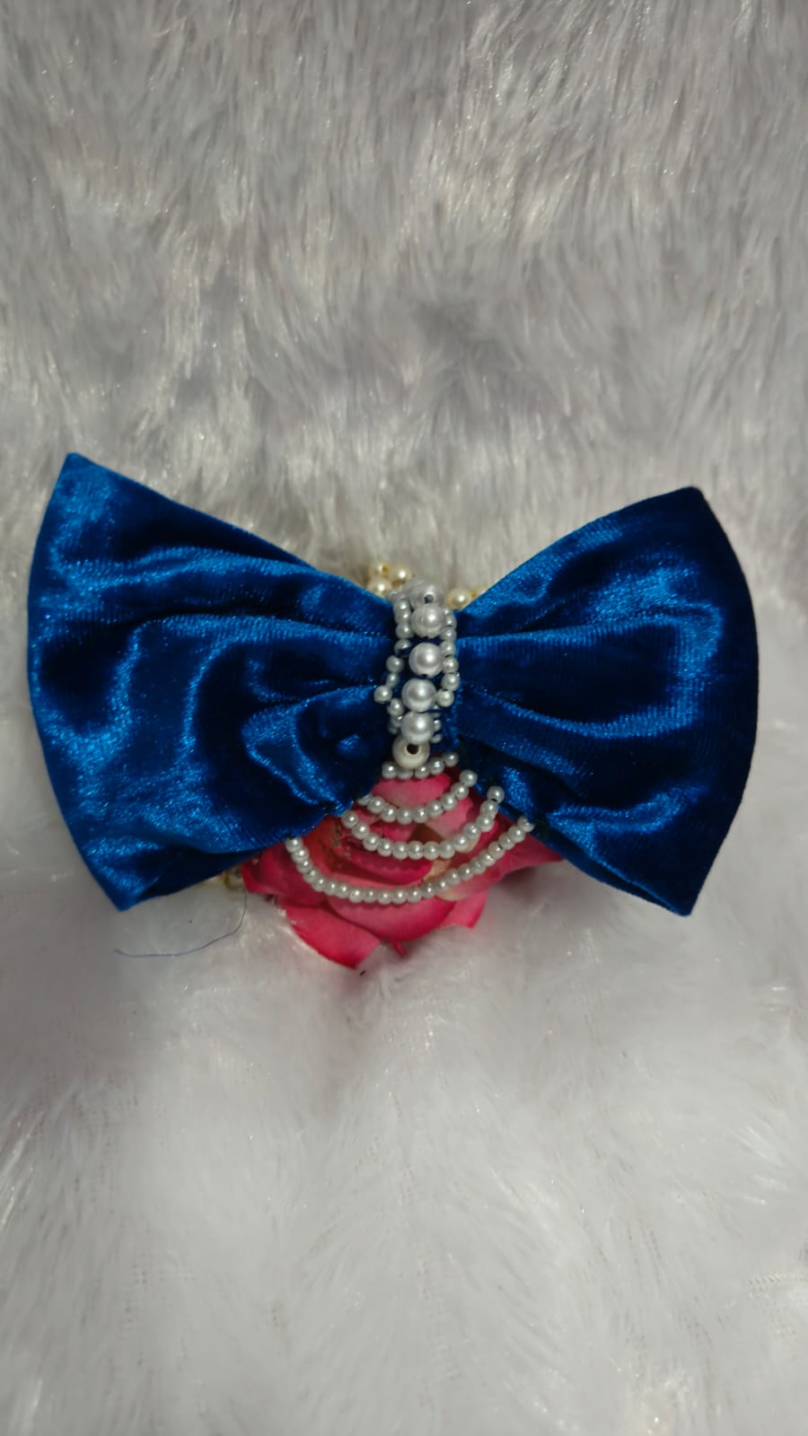Royal Blue 💙💙 Satin Hair Bow with Pearl Chain