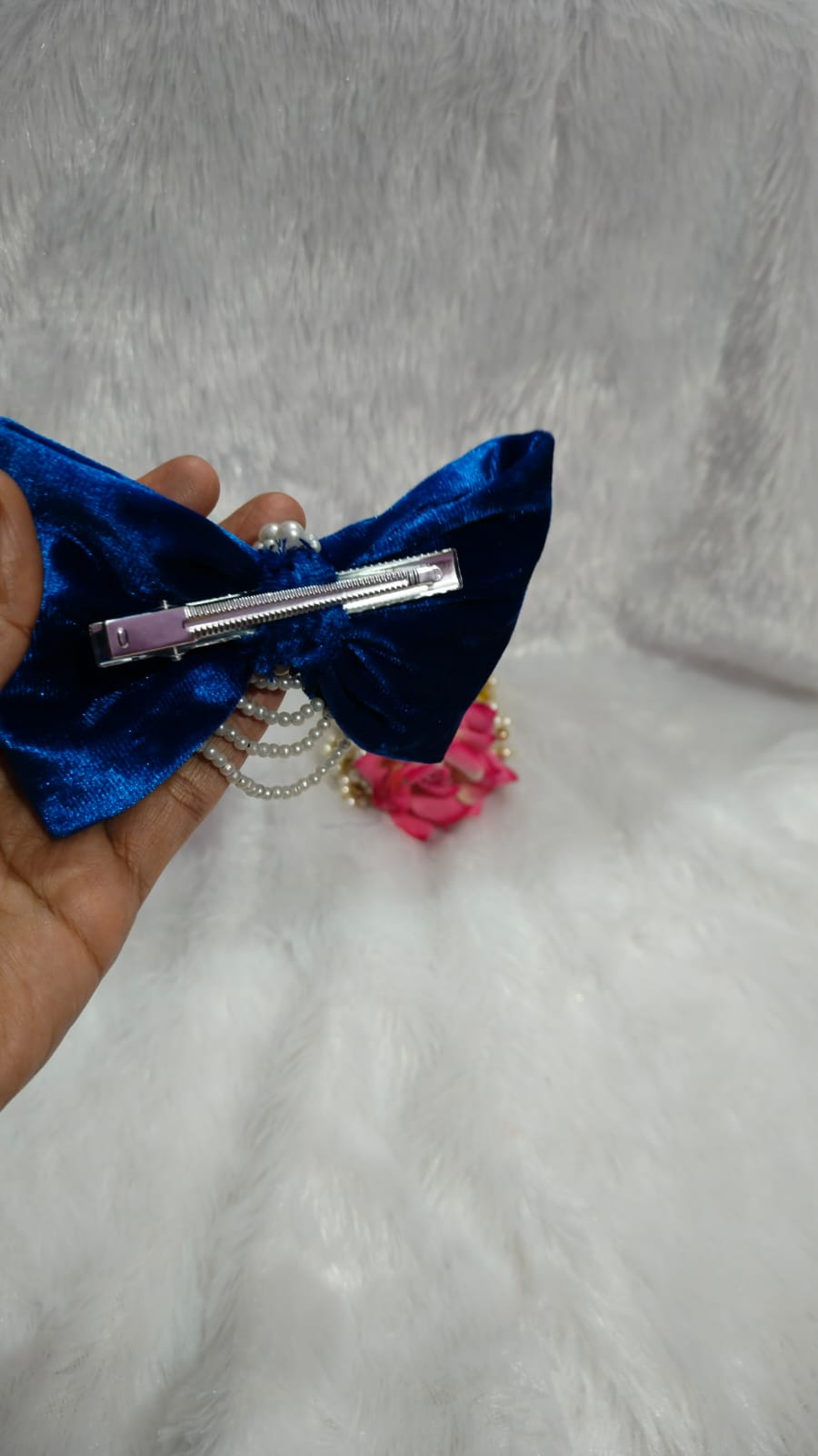 Royal Blue 💙💙 Satin Hair Bow with Pearl Chain