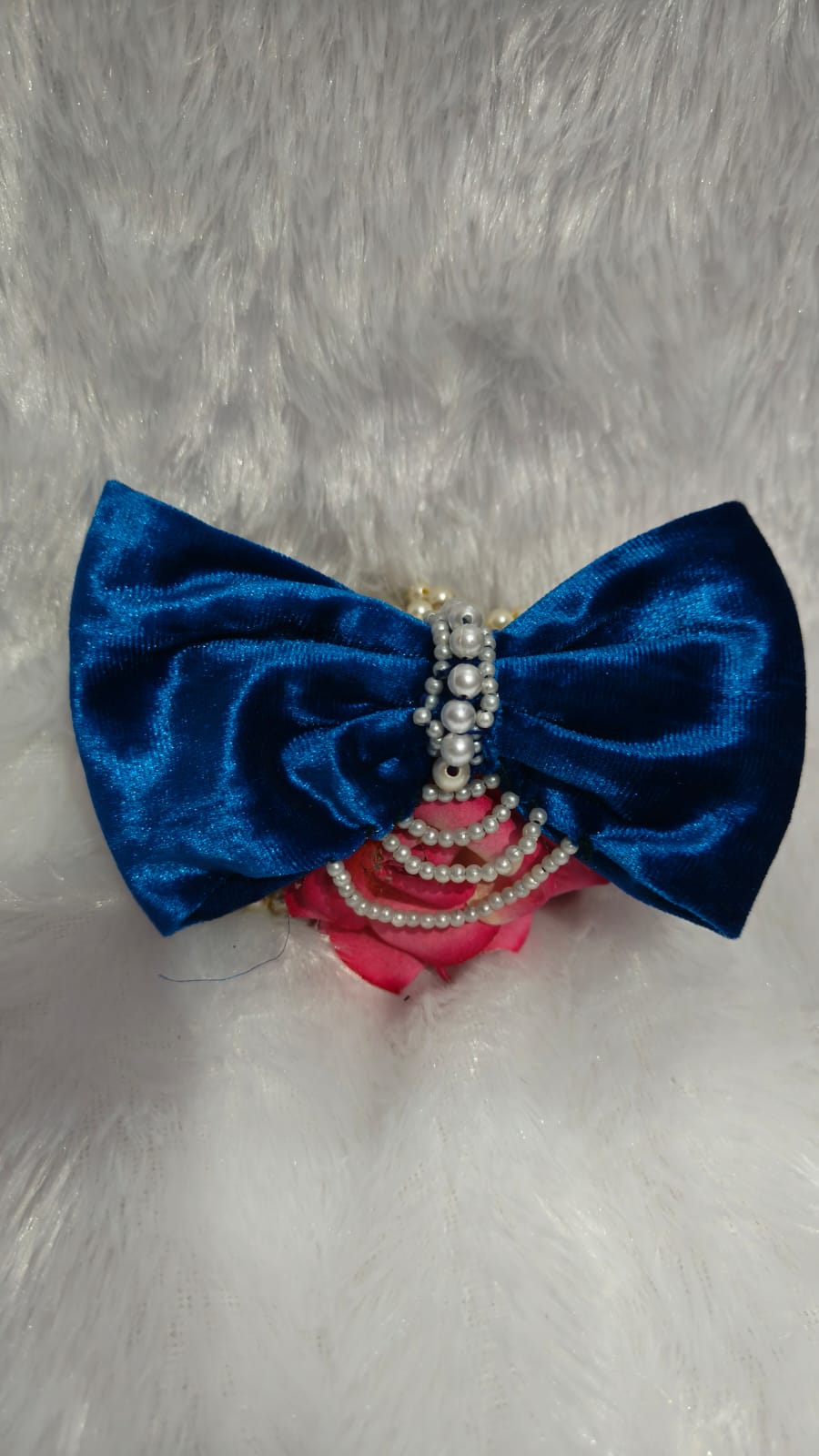 Royal Blue 💙💙 Satin Hair Bow with Pearl Chain